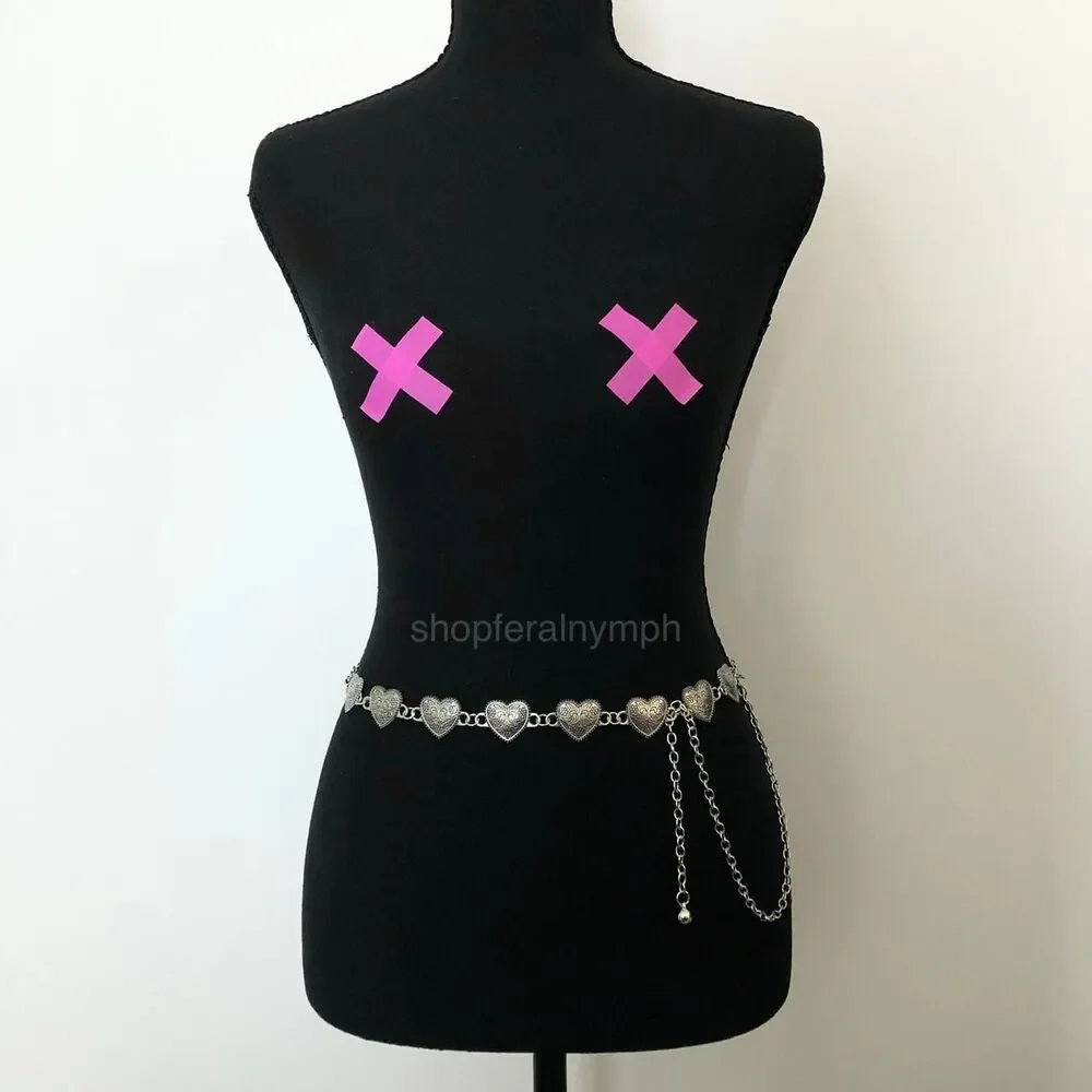 Vintage Y2K Ornate Silver Heart Chain Belt, Fits 13.5–44.5 Inches, X7GA1223